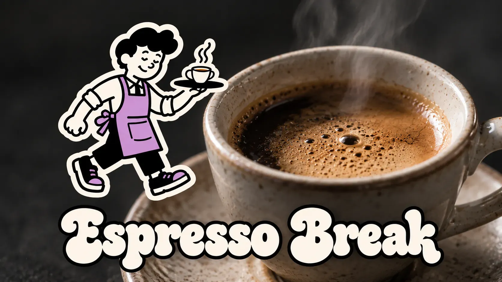Espresso Break campaign visual with the barista mascot serving an espresso
