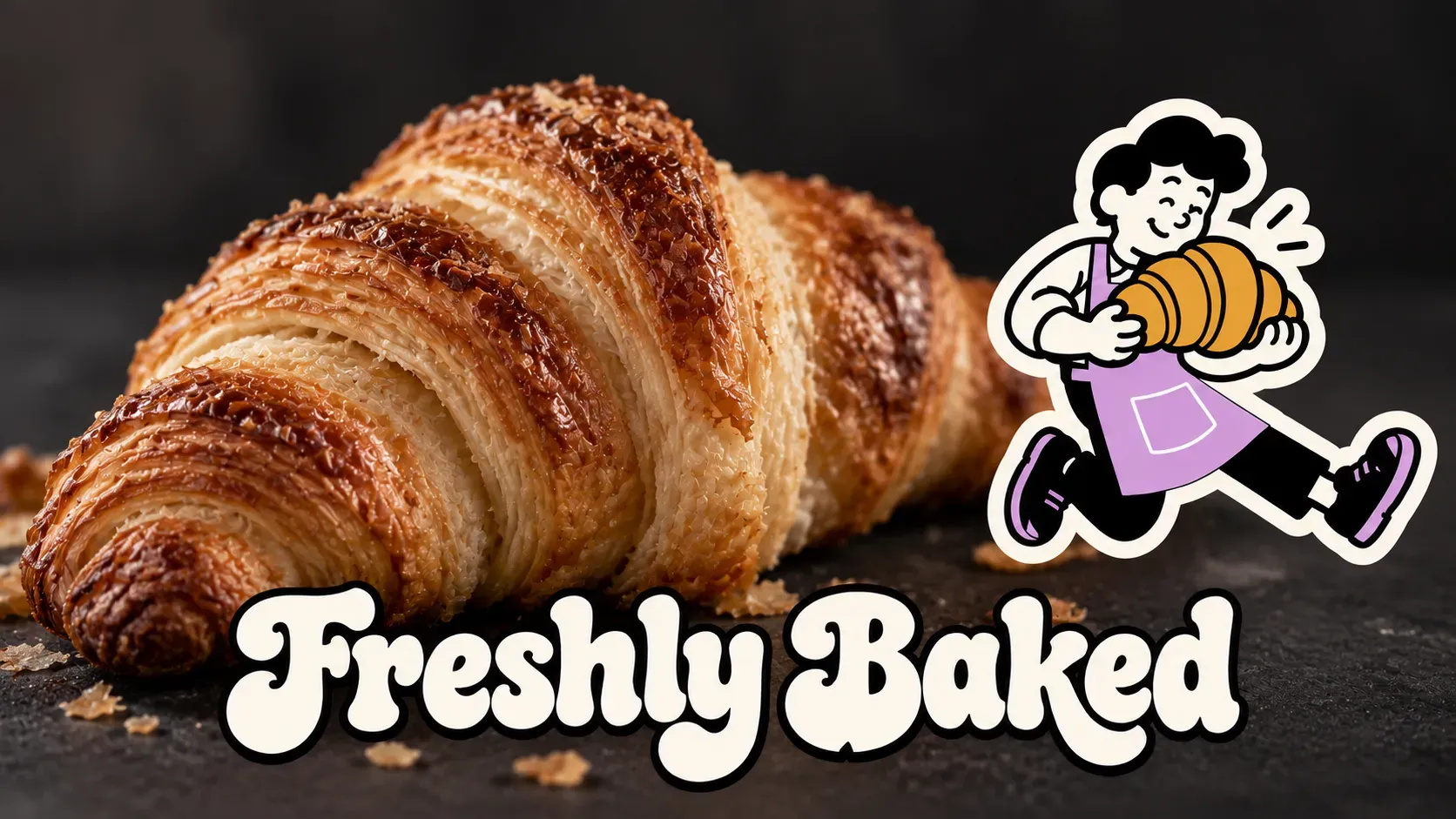 Freshly Baked campaign visual with the barista mascot carrying a croissant