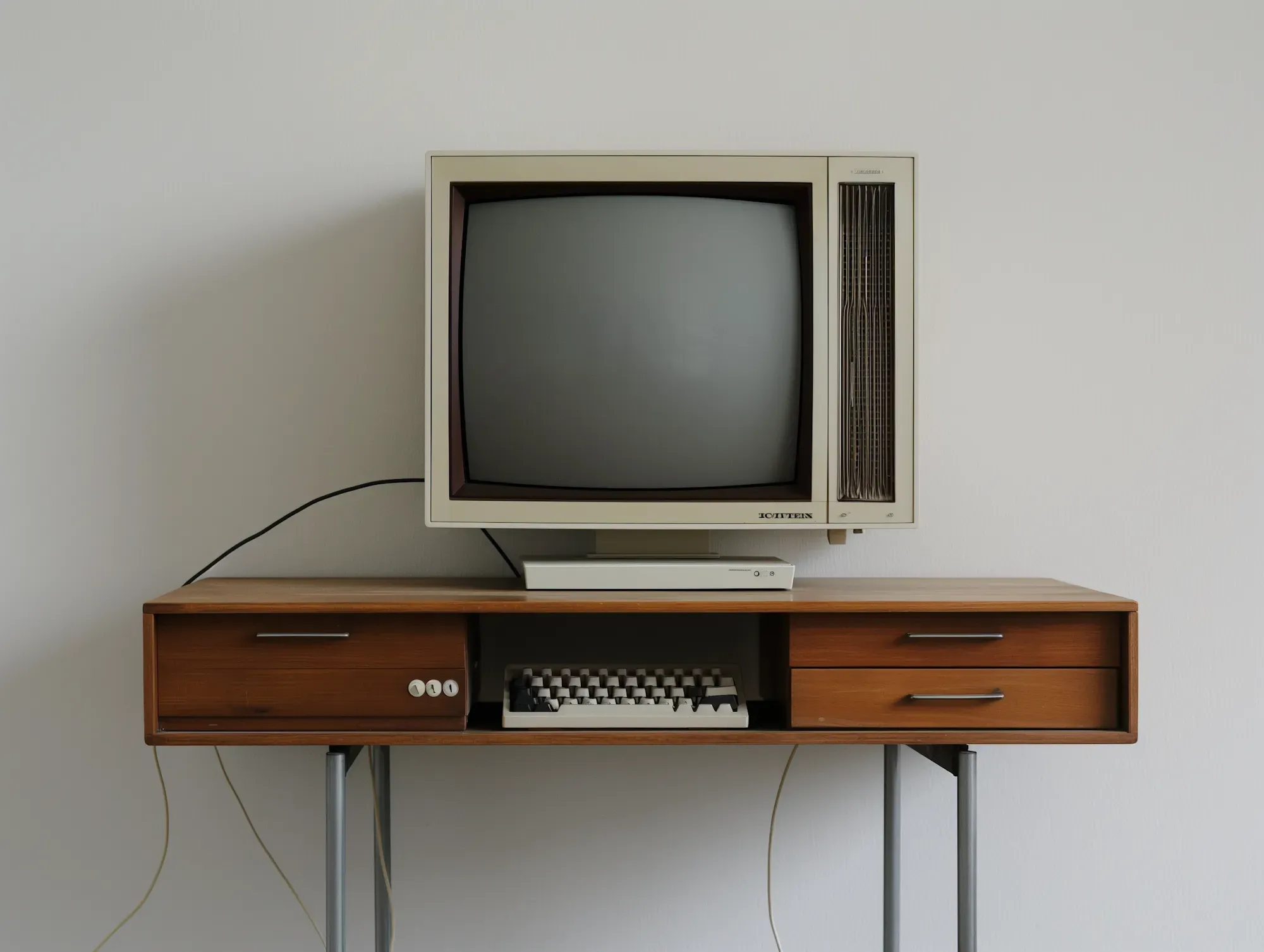 A retro monitor and keyboard on a mid-century wooden desk