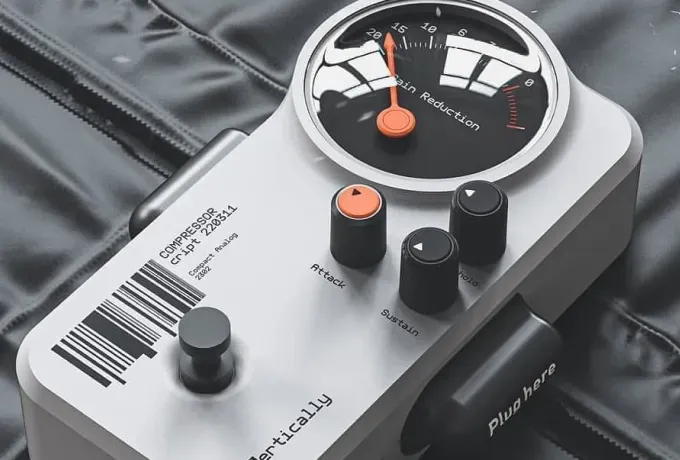Grey audio compressor with an analogue gain dial and black knobs