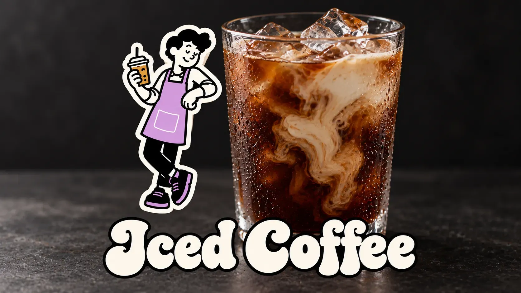 Iced Coffee campaign visual with the barista mascot beside an iced coffee