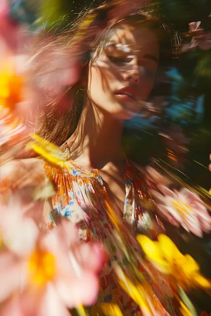 Woman with eyes closed surrounded by blurred pink and yellow flowers