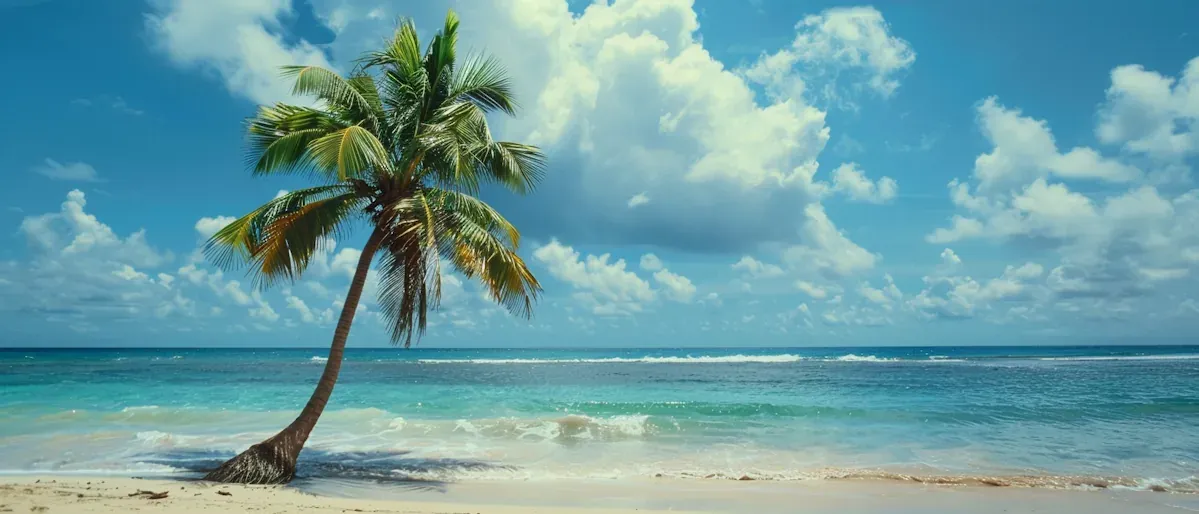 A lone palm tree leaning over a turquoise sea